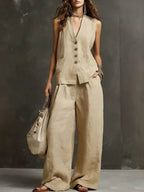 Linen Blend Sleeveless Vest & Wide-Leg Pants Set