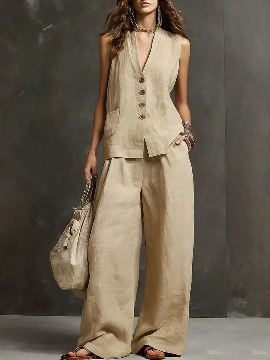 Linen Blend Sleeveless Vest & Wide-Leg Pants Set