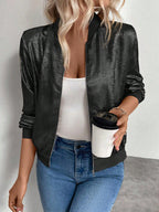 Shiny Metallic Zip‑Up Cropped Bomber Jacket For Party Daily Street Wear