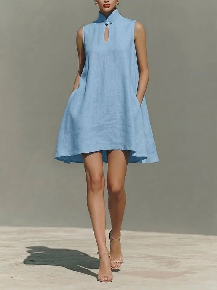 Modern Qipao-Inspired Linen Shift Dress