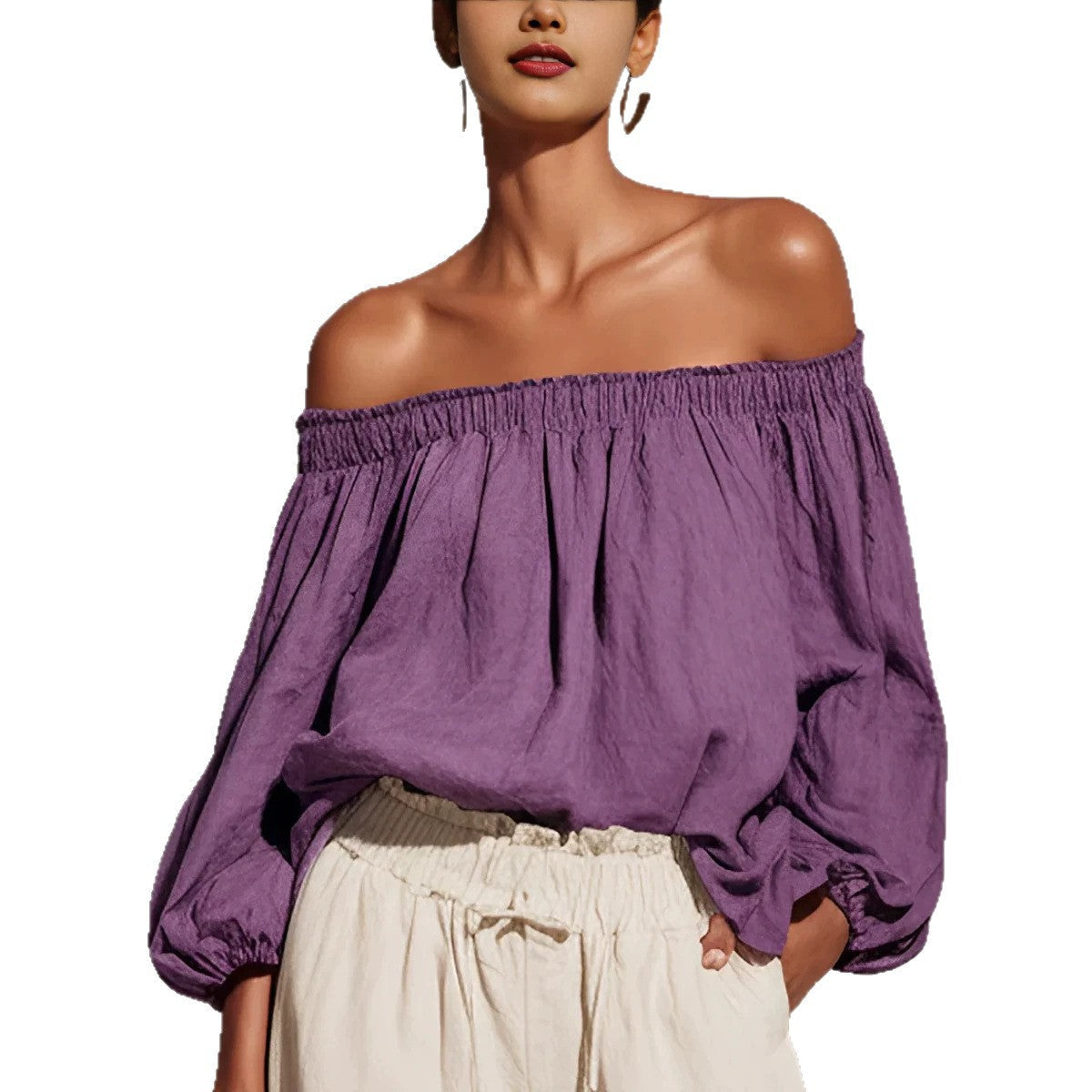 Women Off Shoulder Puff Bubble Sleeve Crinkled Casual Blouse