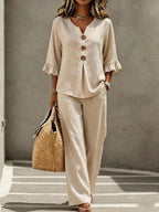 Light Blue V Neck Ruffle Sleeve Linen Two-Piece Wide Leg Pants Set
