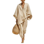 Women's Neutral Linen Set With Asymmetric Hem & Minimalist Design, Sophisticated Daily-Casual Style Set