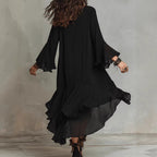 Crinkled Textured Oversized Bell Sleeve Asymmetrical Ruffle High Low Midi Dress