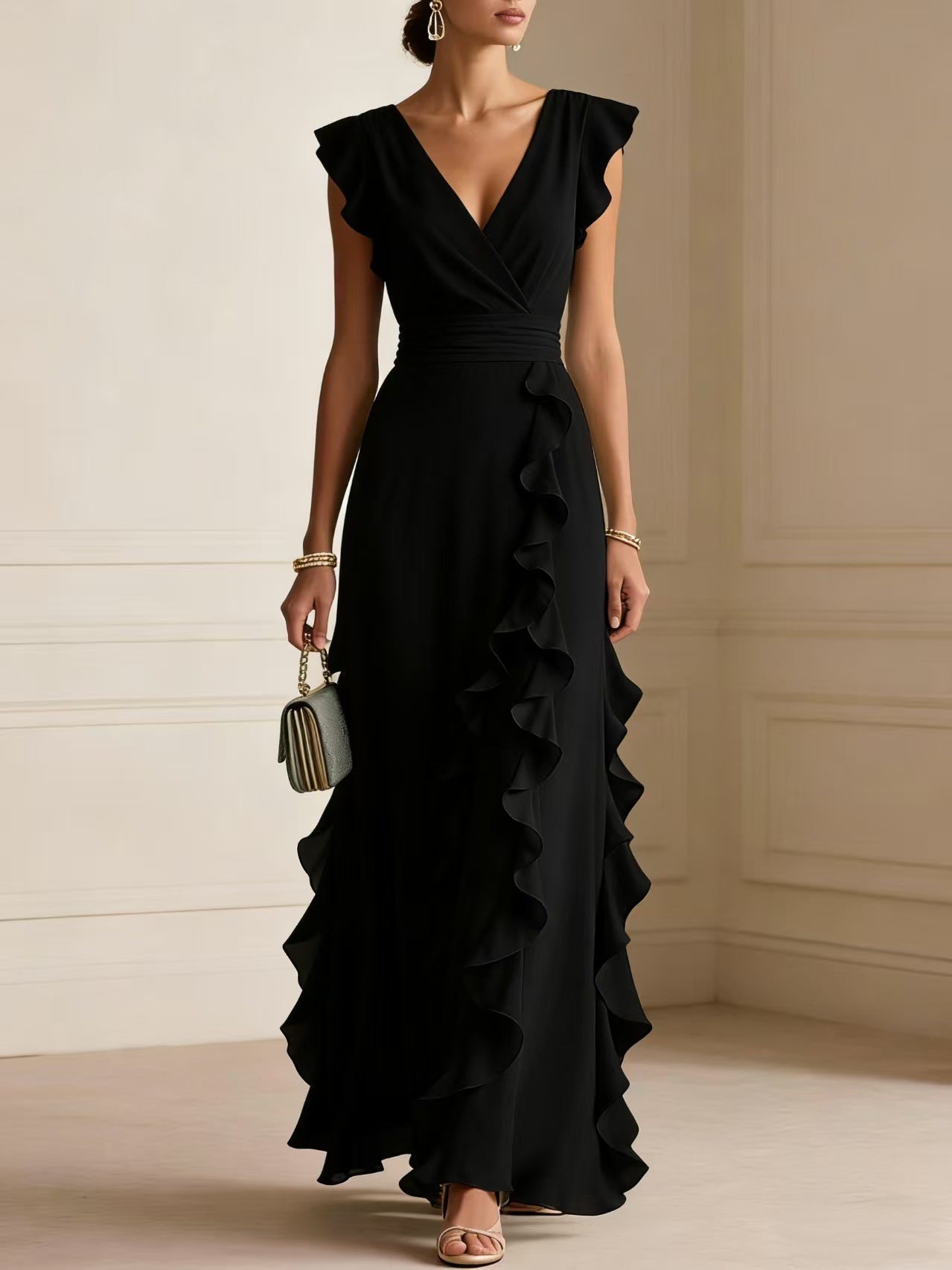 Flutter Sleeve Ruffle Maxi Dress