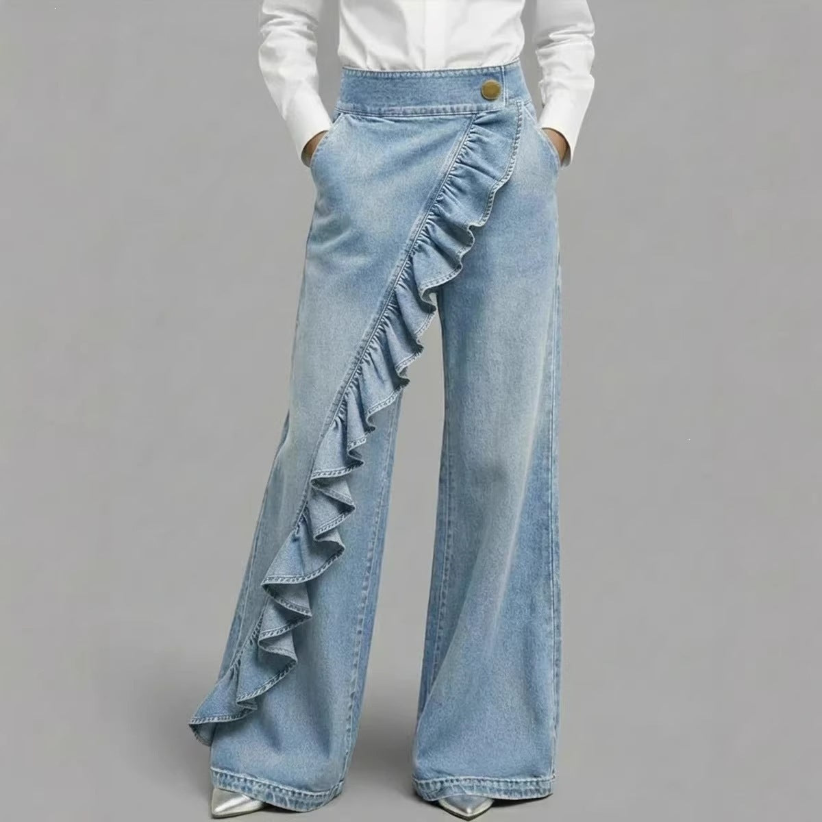 Ruffle Accent High-Waist Wide-Leg Jeans