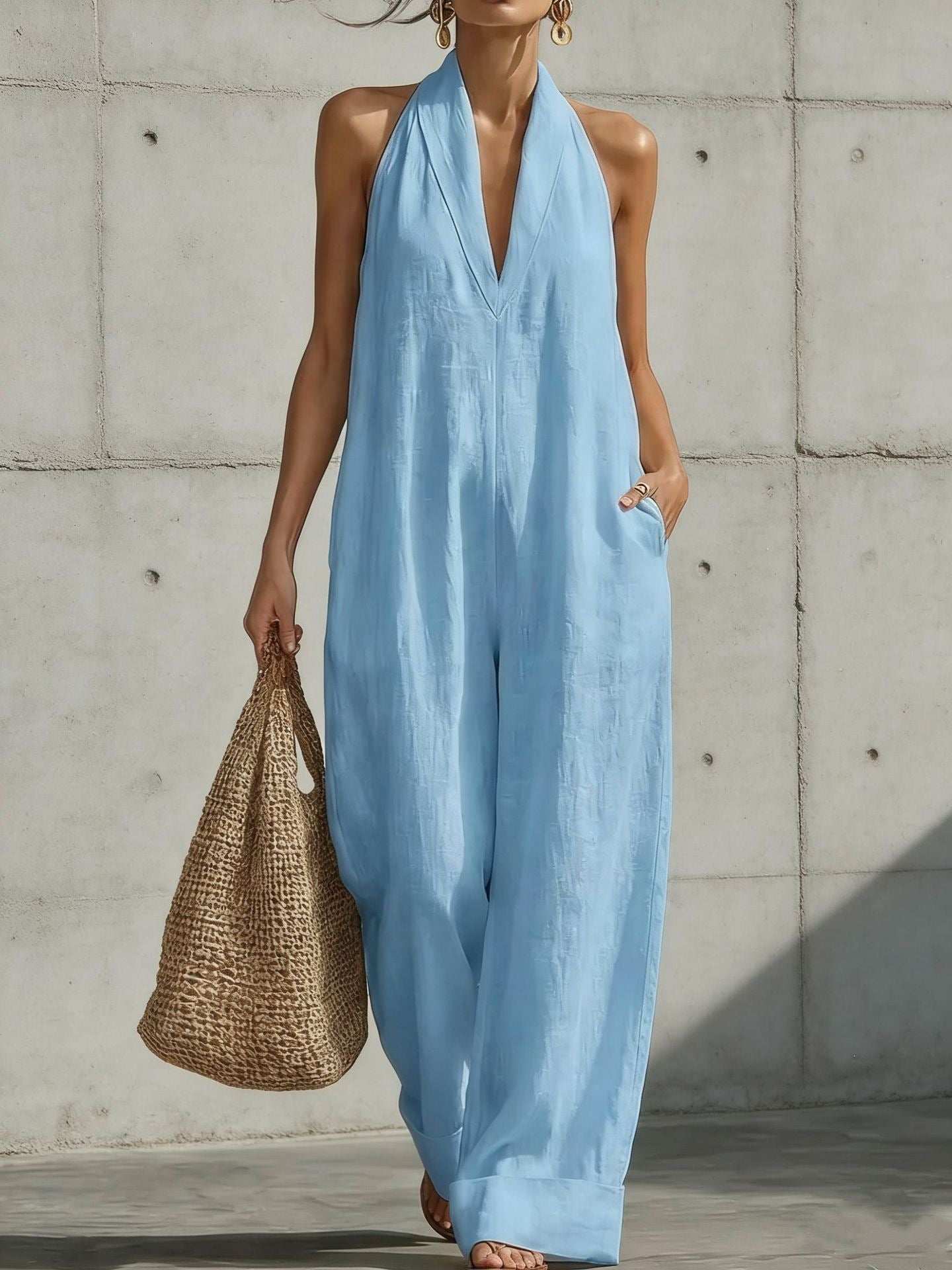 Linen Halter Deep V Wide Leg Cuffed Jumpsuit
