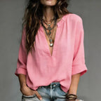 Textured Linen Blend Notch V Neck 3/4 Cuffed Sleeve Blouse