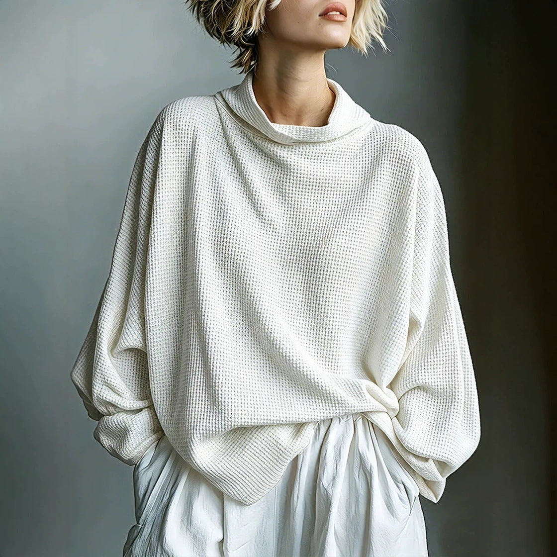 Waffle-Knit Oversized Cowl Neck Top