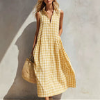 Women's Summer Resort Seaside Plaid Sleeveless Loose Long Dress