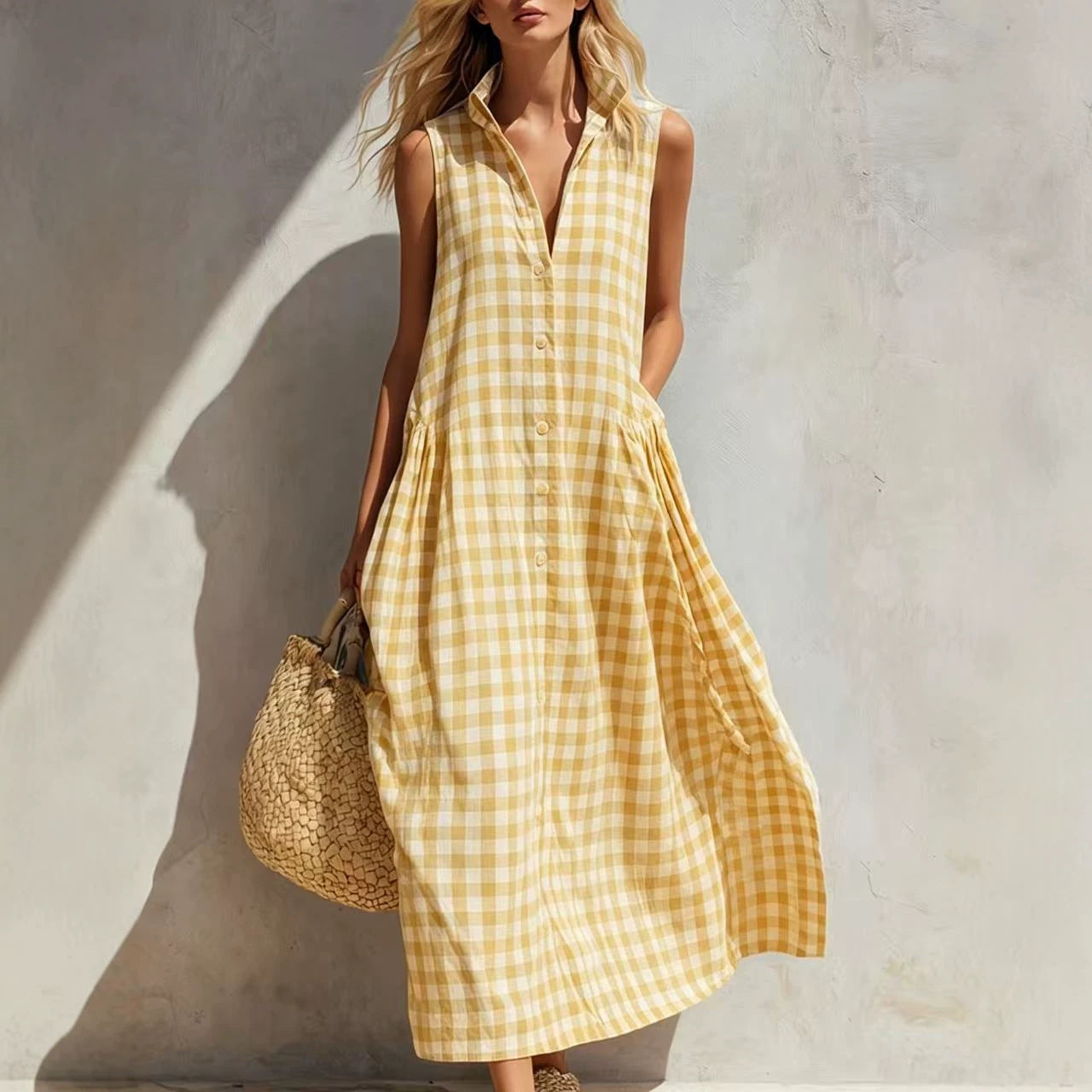 Women's Summer Resort Seaside Plaid Sleeveless Loose Long Dress