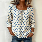 Cream Base Polka Dot Square Neck Tie Front 3/4 Sleeve Blouse
