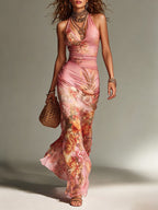 Boho Floral Halter Mesh Maxi Dress