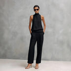 Women's Elegant Cotton And Linen Round-neck Sleeveless Top And Trousers Set