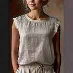 Women'S Retro Loose Solid Color Round Neck Lace Splicing Sleeveless Linen Shirt