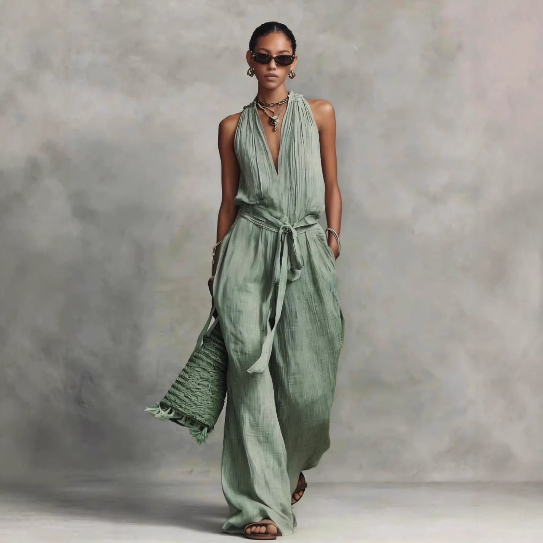 Casual Lace-Up Sleeveless Cotton Blend Jumpsuit