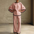 Women'S Elegant Round Neck Loose Bat Sleeves Cotton And Linen Two-Piece Set