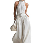 Women's White Linen-Blend Halter Wide-Leg Jumpsuit with Belt