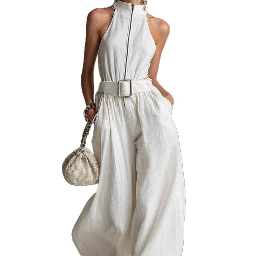 Women's White Linen-Blend Halter Wide-Leg Jumpsuit with Belt