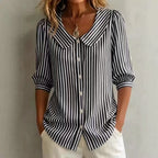 Women Striped Peter Pan Collar Puff Short Sleeve Blouse
