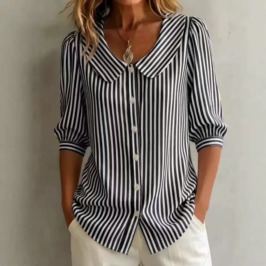 Women Striped Peter Pan Collar Puff Short Sleeve Blouse