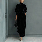 Women'S Velour Drop‑Shoulder Top & Pleated Wide‑Leg Pants Two‑Piece Set