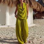 Sleeveless Collar Top & Wide Leg Vacation Pants
