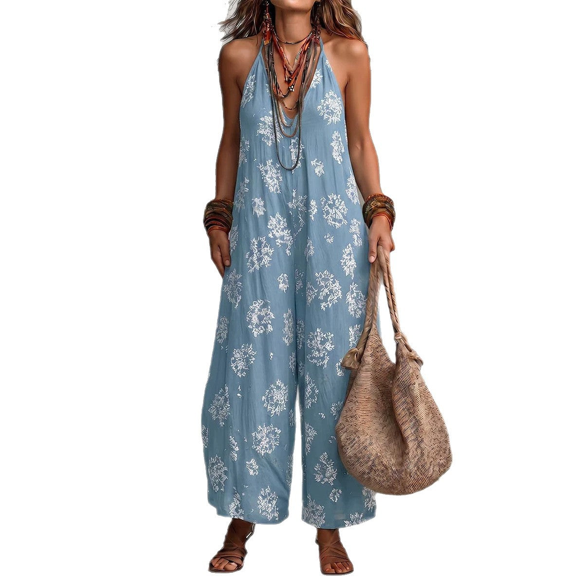 Women's Yellow Boho Floral Halter Wide-Leg Jumpsuit