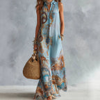 Vintage Baroque Print Sleeveless Maxi Shirt Dress