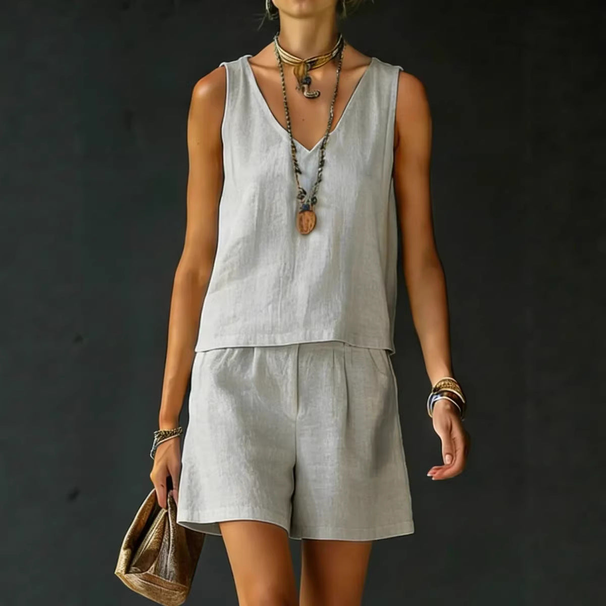Casual V-Neck Sleeveless Top & Shorts Set