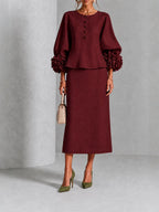 Elegant Floral Cuff Blouse and Skirt Matching Set