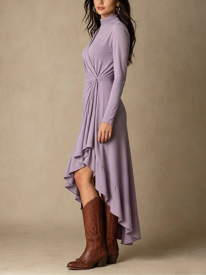 Mock Neck Wrap Dress with Asymmetric Ruffle Hem