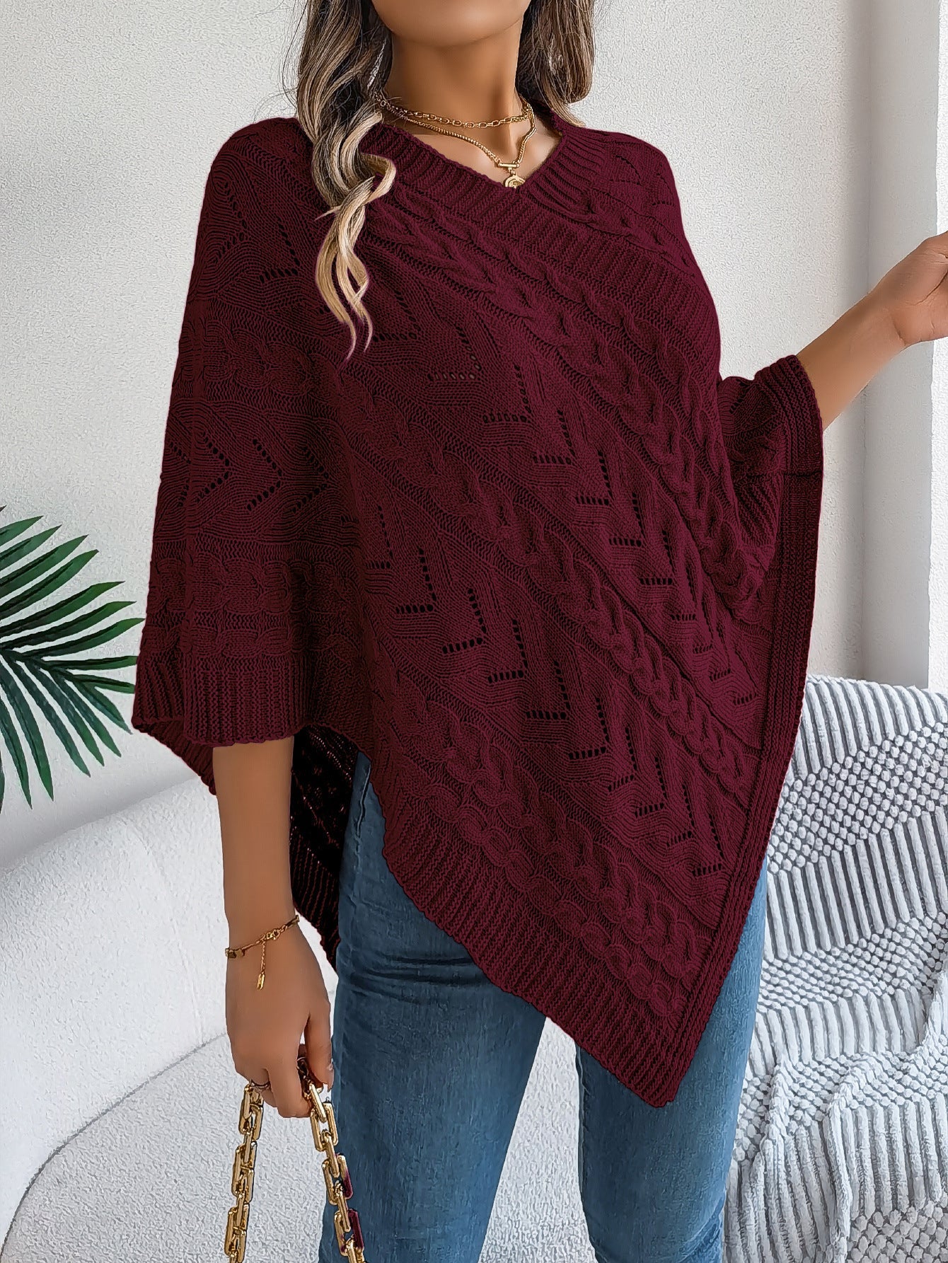 Cable Knit Hollow Out V-Neck Poncho Sweater Cape