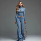 Rib Turtleneck Crop Long Sleeve Top & High Waist Flare Leg Pant 2 Piece Sporty Co-Ord Set