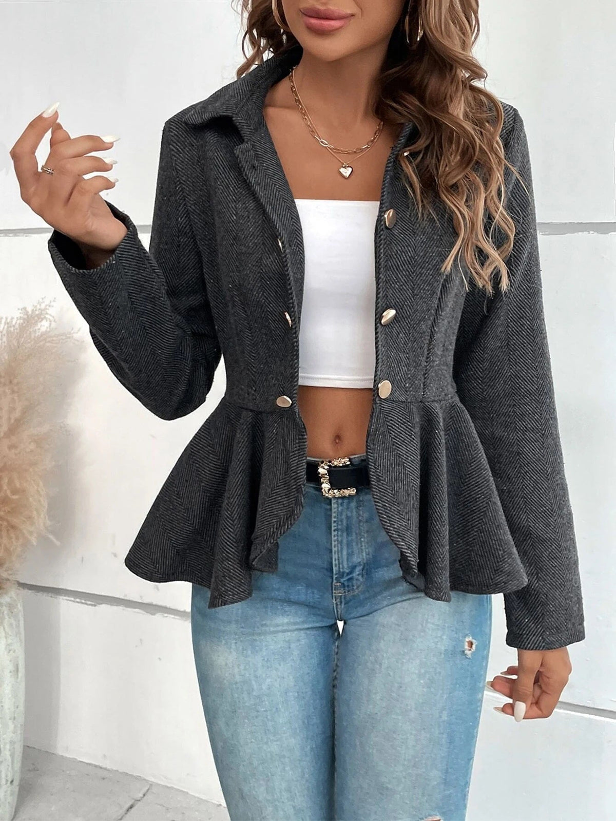 Herringbone Peplum Button‑Front Collared Jacket