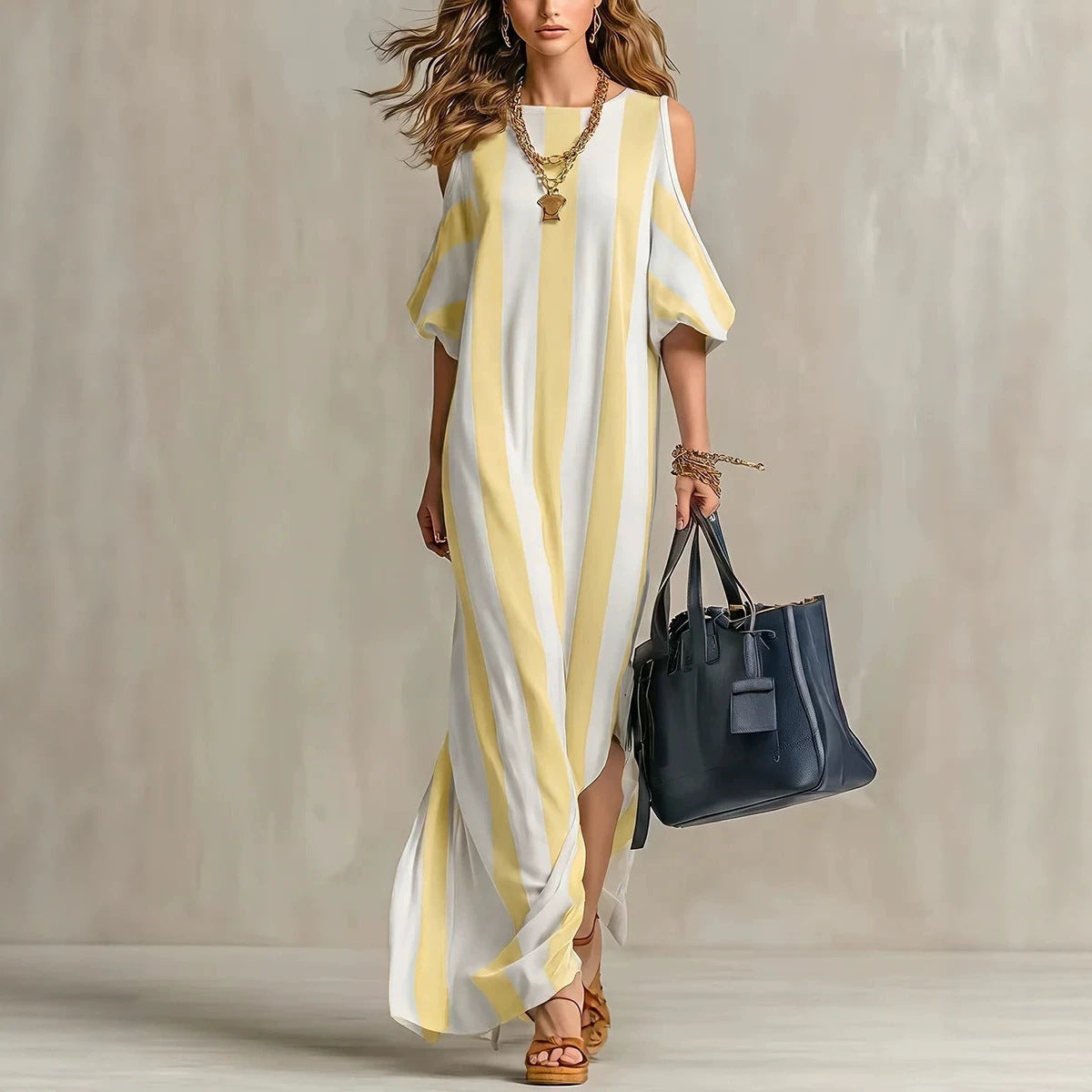 Vertical Stripe Cold Shoulder Split Maxi Shift Dress