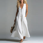 Pocket Deep V-Neck Solid Color Casual Dress