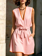 Contrast Piping V-Neck Self Tie Belt Sleeveless Mini Dress