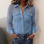 Women's Casual Denim Patchwork Chiffon See Through Button Pocket Long Sleeve Blouse