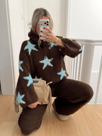 Women’s Oversized Chunky Knit Star Pattern Cowl Neck Pullover