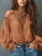 High Neck Ruffle Trim Long Sleeve Chiffon Top