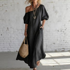 Effortless Off-Shoulder Linen-Blend Maxi Dress