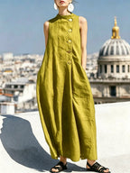 Sleeveless Stand Collar Linen Midi Maxi Dress with Side Buttons