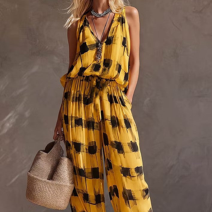 Women'S Abstract‑Print Sleeveless V‑Neck Wide‑Leg Jumpsuit