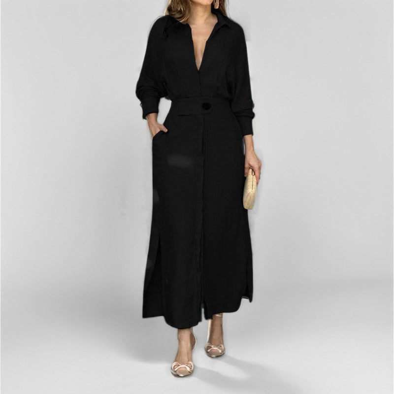 Women Collared Waist‑Tab Shirt Maxi Dress