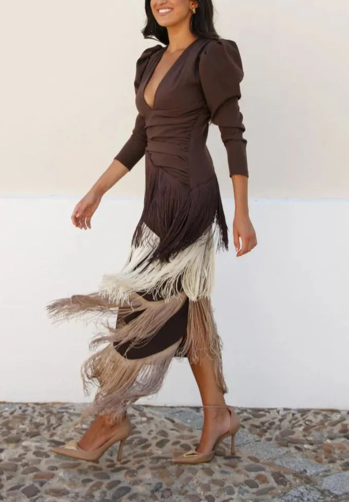 Women Deep V Puff Sleeve Wrap Fringe Midi Dress