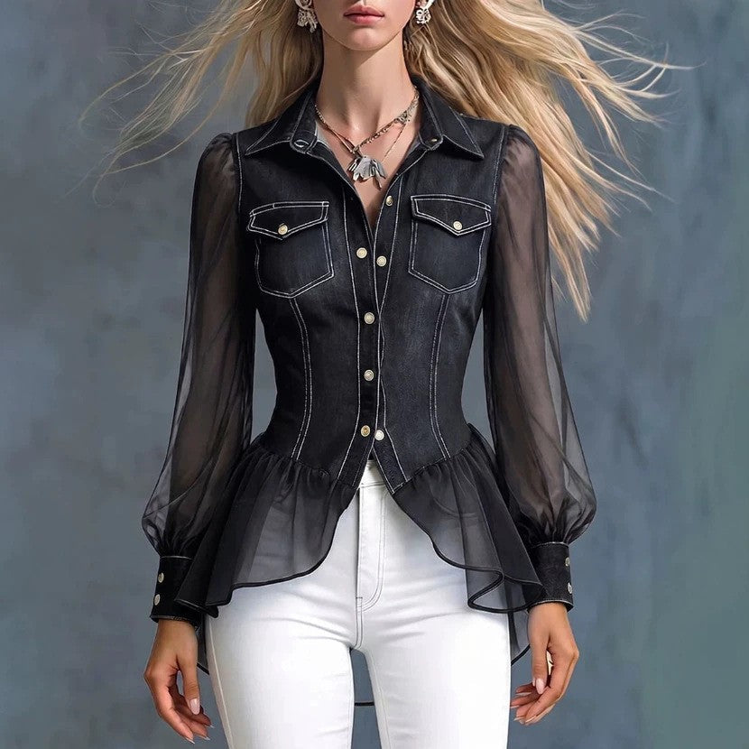 Denim Sheer Organza Puff Sleeve Peplum Fitted Shirt Blouse