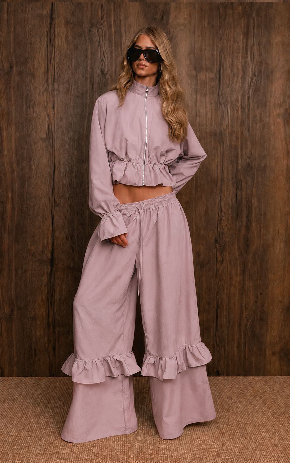 Casual Dusty Lavender Cropped Jacket and Flared Ruffle Pant Set
