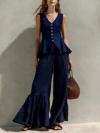 Mustard Linen-Blend Peplum Top & Ruffled Wide-Leg Pants Set