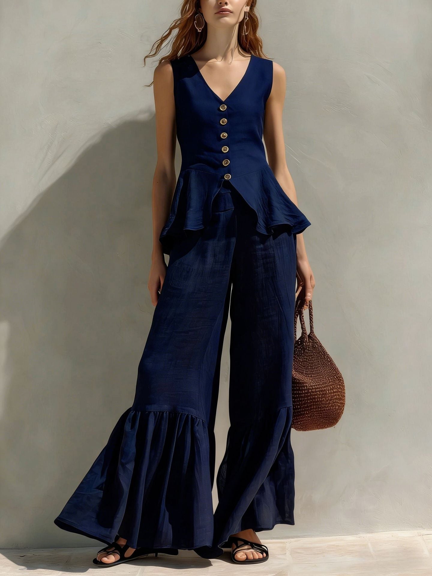 Mustard Linen-Blend Peplum Top & Ruffled Wide-Leg Pants Set
